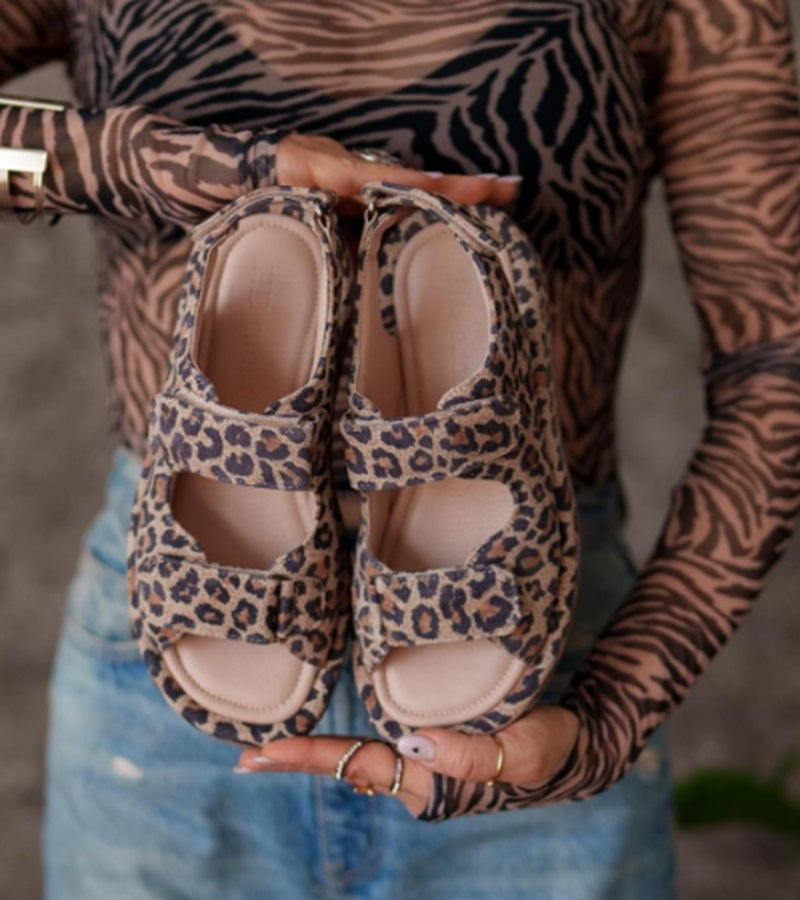 Leopard-Print Peep-Toe Velcro Flat Sandals