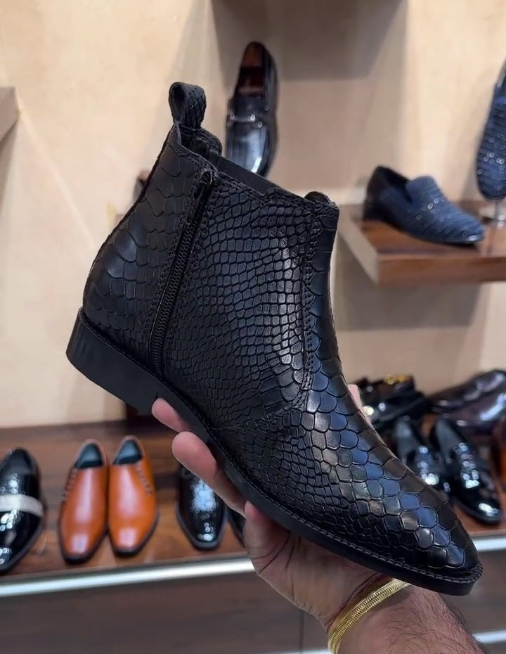 Black Cobra Scaled Zipper Boots