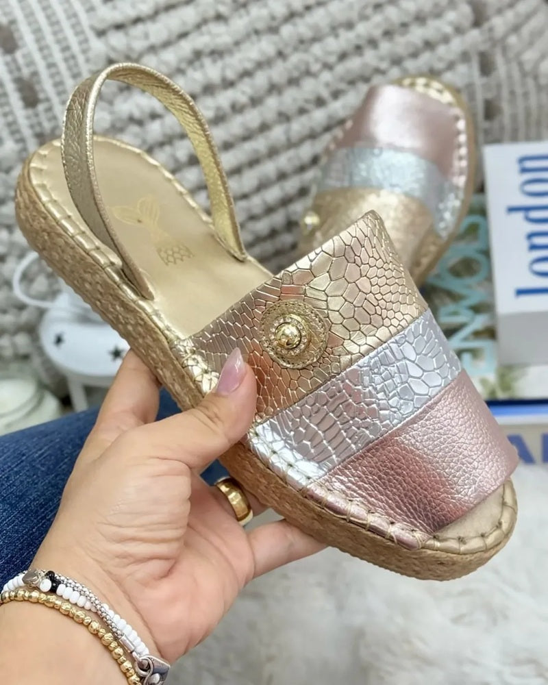 Crocodile-Embossed Strappy Flat Sandals