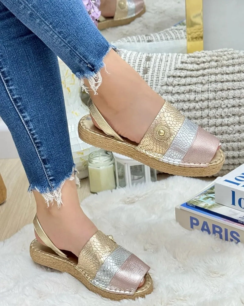 Crocodile-Embossed Strappy Flat Sandals