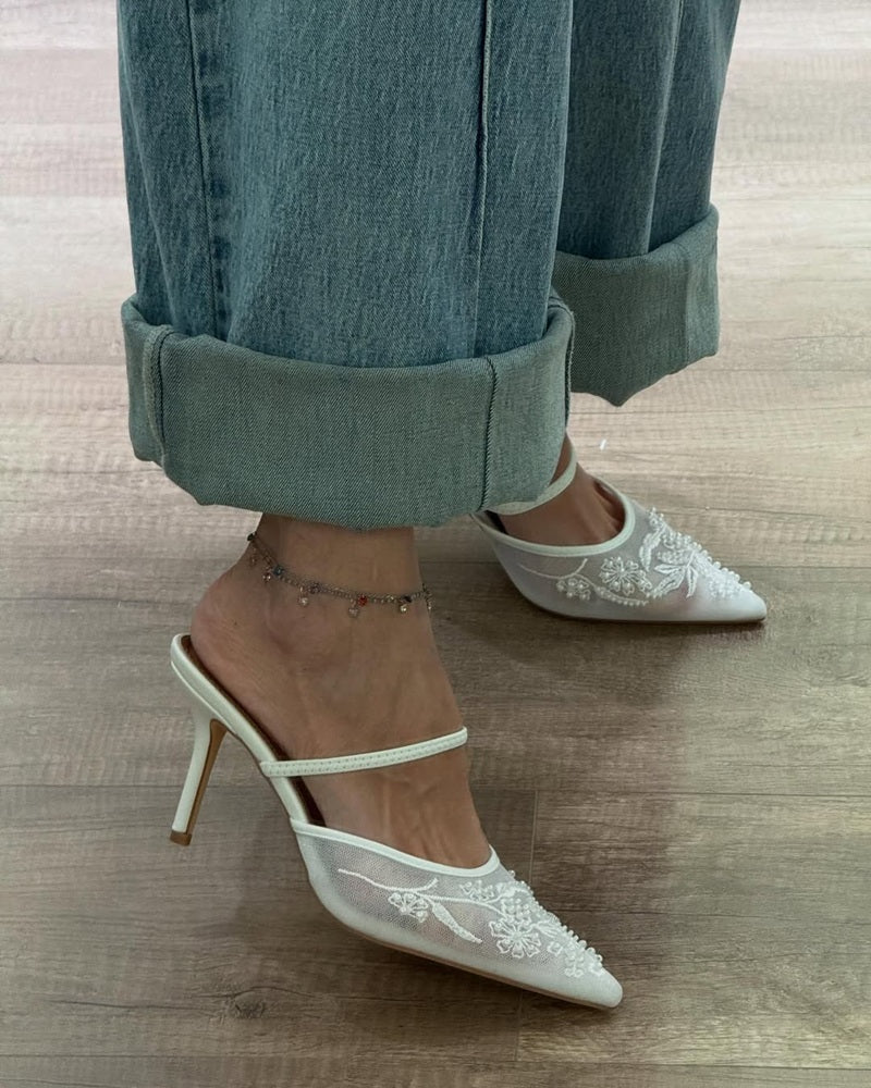 Mesh Pearl Embroidery Pointed Toe High Heels