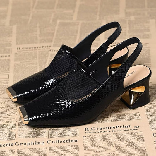 Square-toe Fishnet Leather Thick-Heeled Sandals