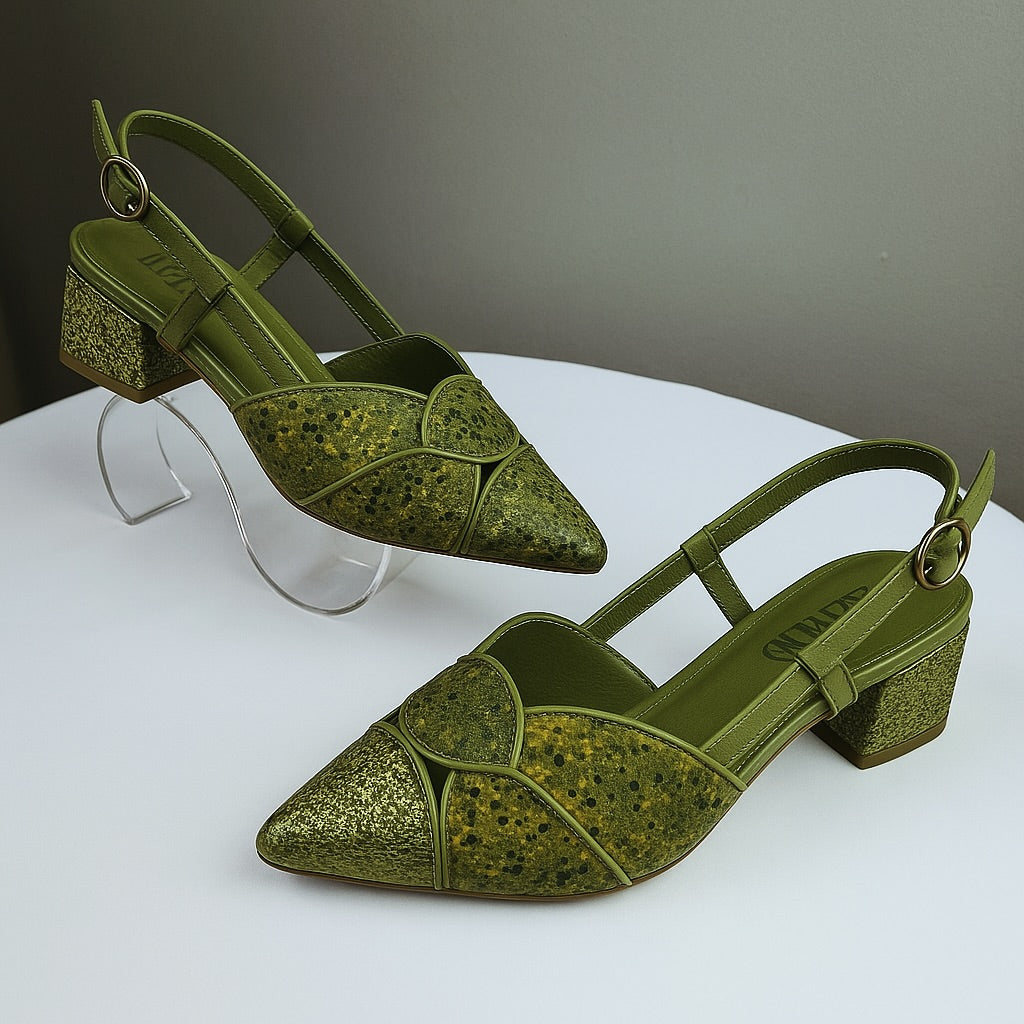 Green Leafy Point-Heeled Sandals