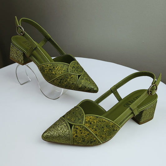 Green Leafy Point-Heeled Sandals
