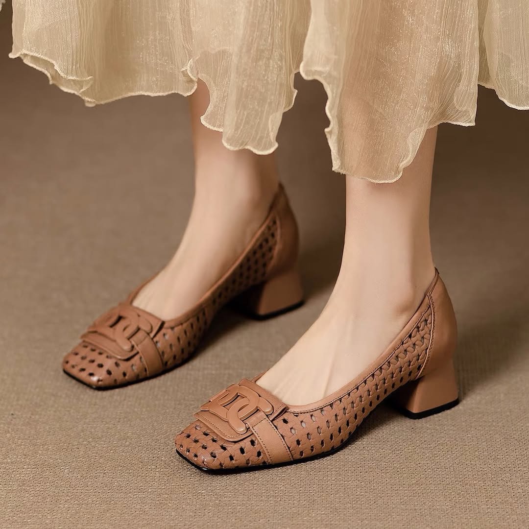 Cutout Woven Square-Heeled Sandals