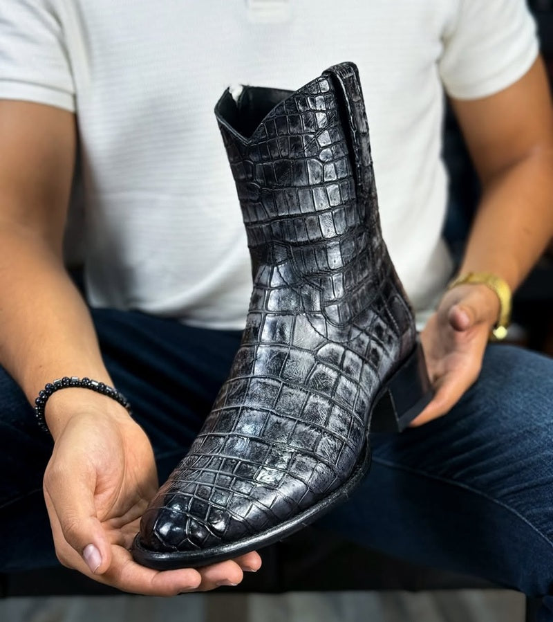 Silver-Grey Crocodile Western Boots