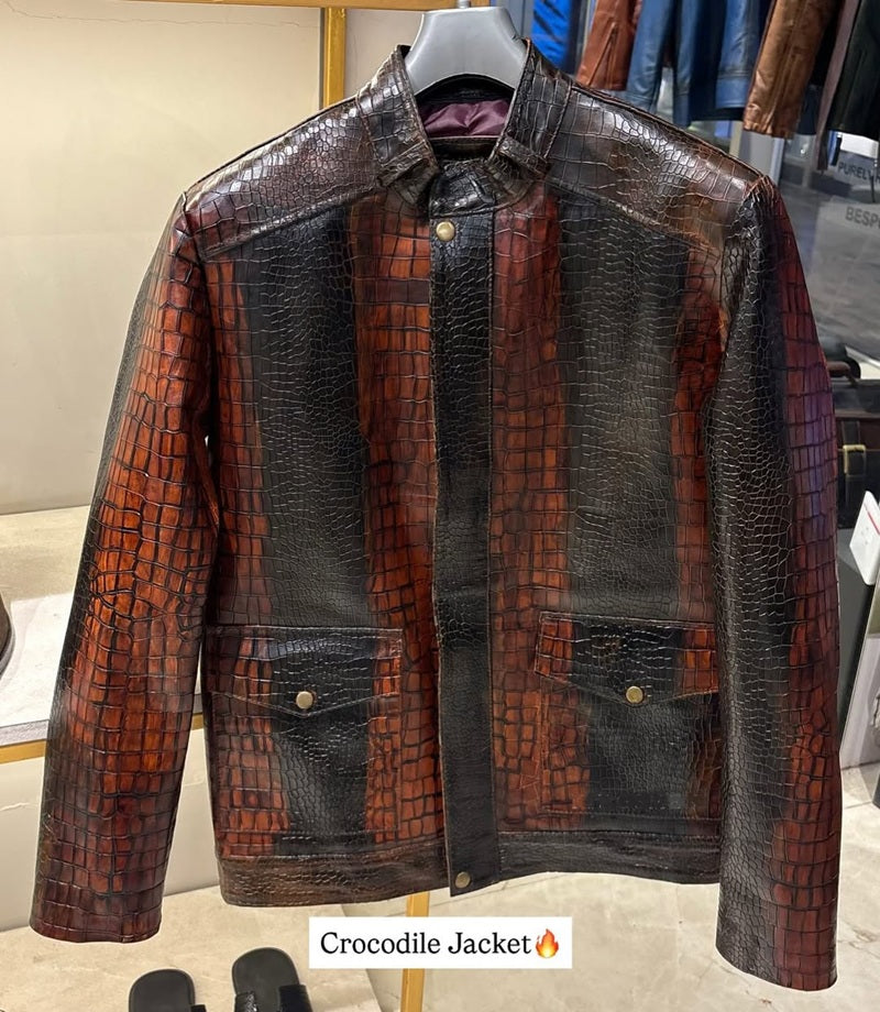Crocodile Striped Leather Jacket