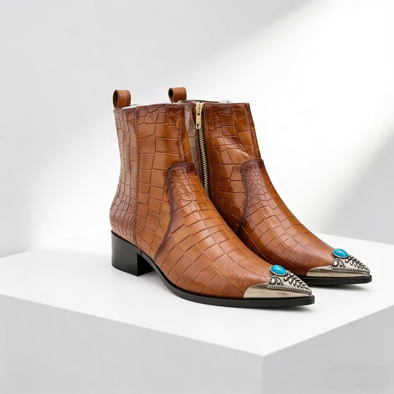 Crocodile-embossed Leather Ankle Boots With Metallic Toe