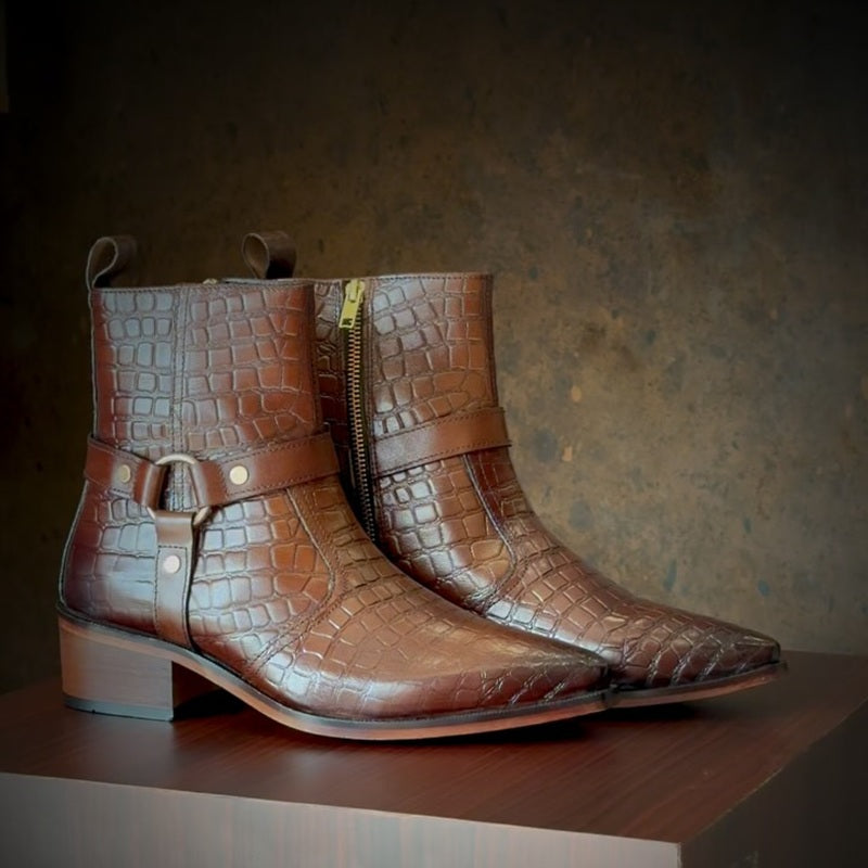 Crocodile-Embossed Ankle Boots With Brass Buckle