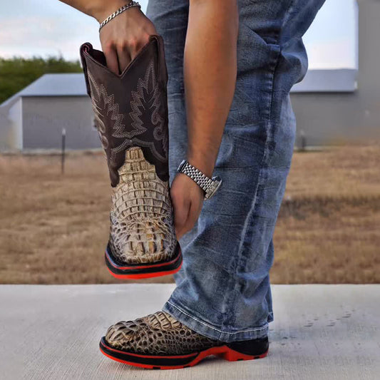 Men's Square-toe Crocodile Embroidered Boots