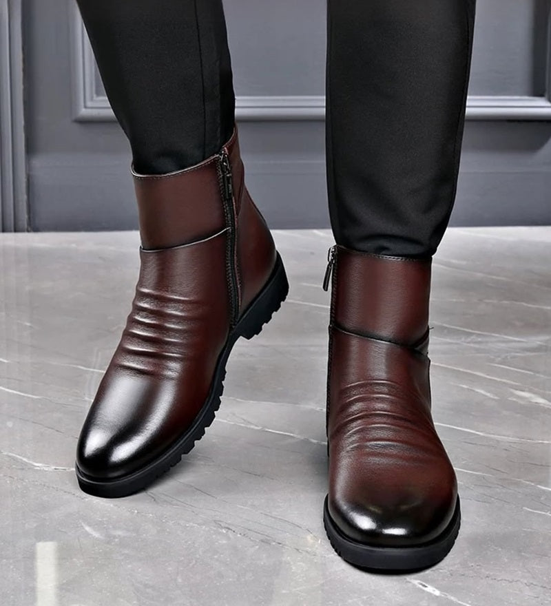 Men's Pointed Round Toe Leather Ankle Boots