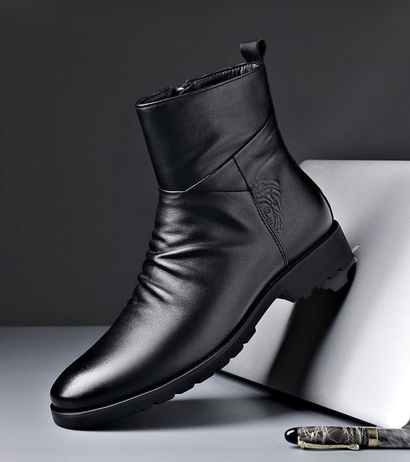 Men's Pointed Round Toe Leather Ankle Boots