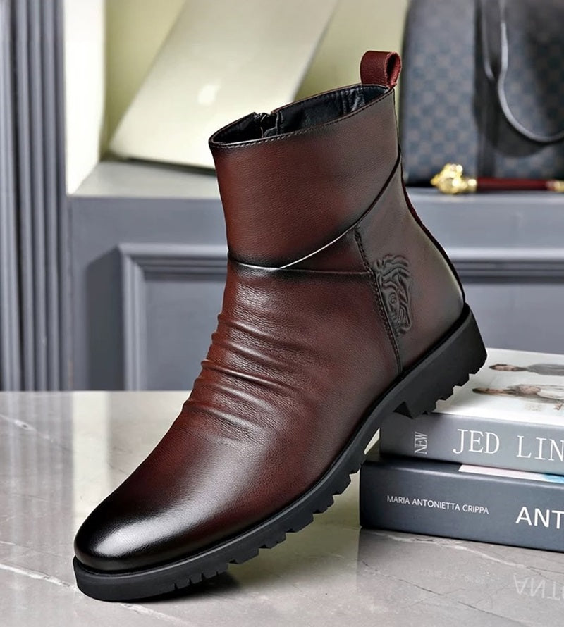 Men's Pointed Round Toe Leather Ankle Boots