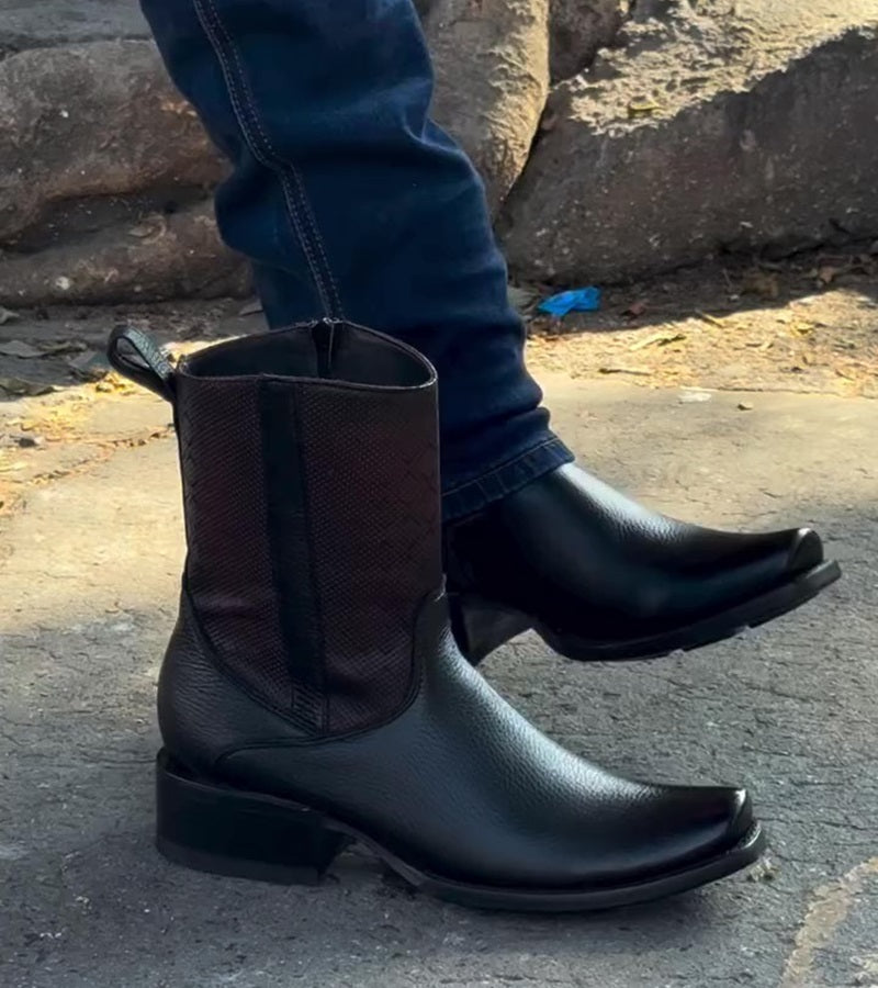 Men's Check Leather Cowboy Boots