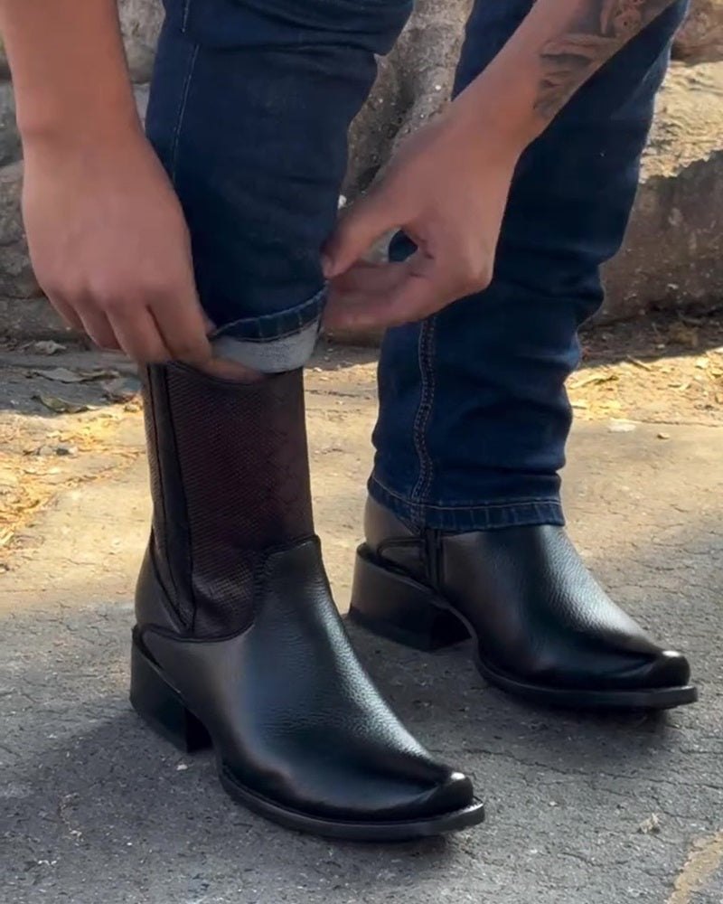 Men's Check Leather Cowboy Boots