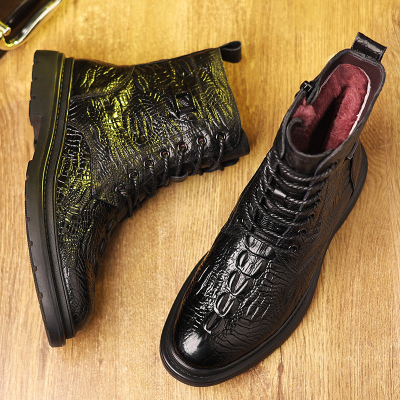 Men's Handmade Crocodile Leather Warm Wool Boots