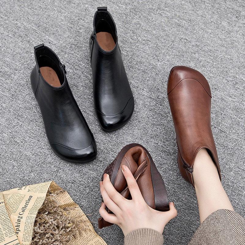 Women Fashion Square Toe Side Zip Retro Short Boots