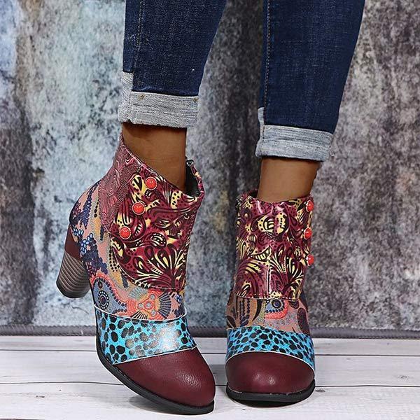 Women'S High Heel Block Heel Print Ankle Boots