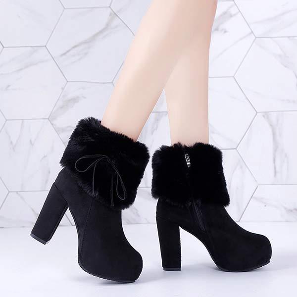 Women's Suede Round-Toe Chunky Heel High Heel Furry Ankle Boots