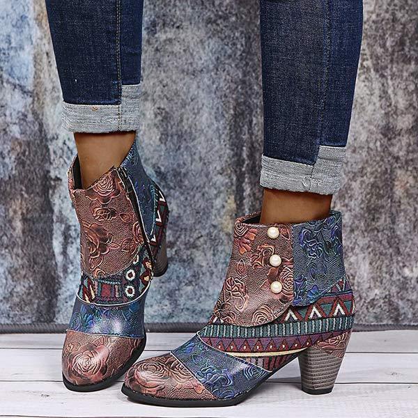 Women'S High Heel Block Heel Print Ankle Boots