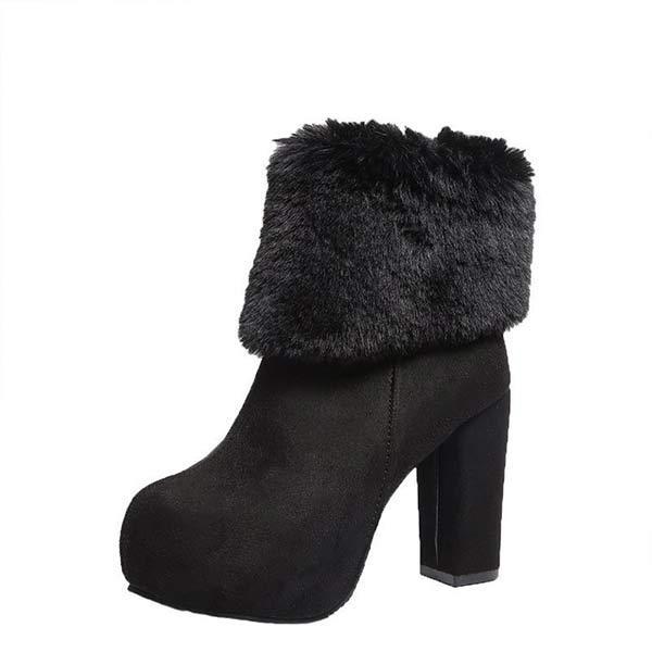 Women's Suede Round-Toe Chunky Heel High Heel Furry Ankle Boots