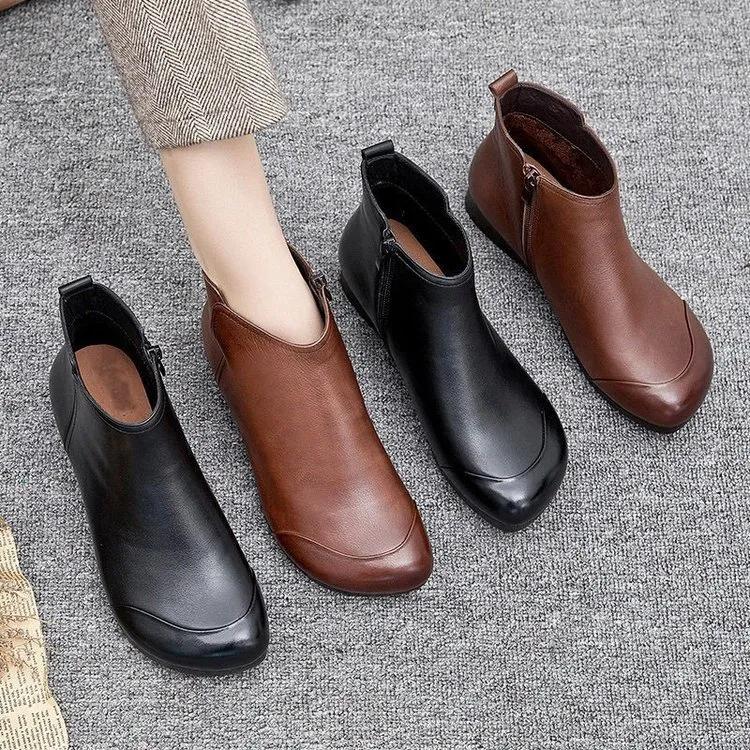 Women Fashion Square Toe Side Zip Retro Short Boots