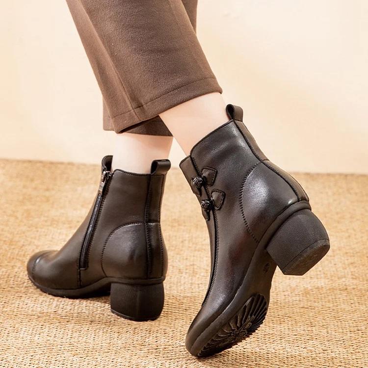 Cowhide Mid-heel Soft-soled Short Boots