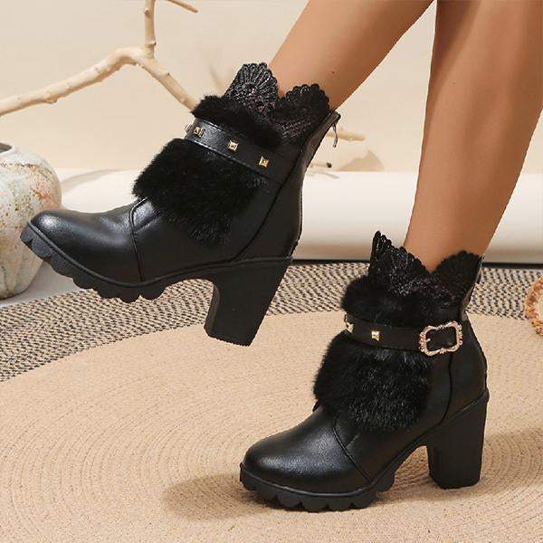 Women's Fashionable Lace Belt Buckle Block Heel Ankle Boots
