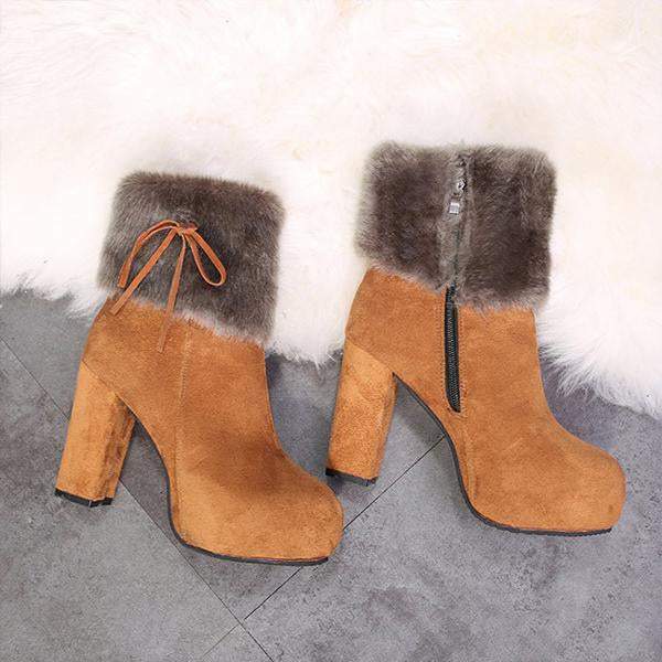 Women's Casual Plush Bow Chunky Heel Short Boots