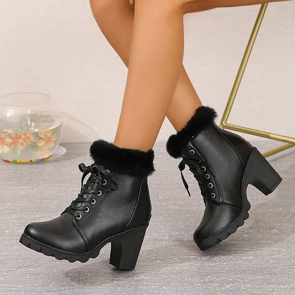 Women's Round-Toe Chunky Heel Lace-Up Faux Fur Ankle Boots