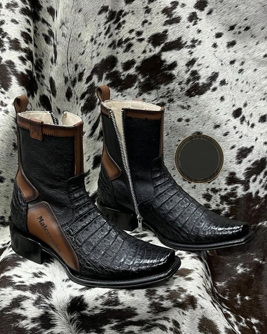 Men's Crocodile-Print Leather Colorblock Boots