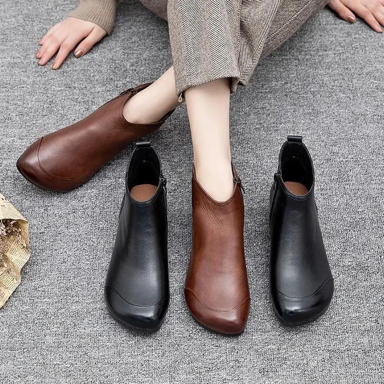 Women Fashion Square Toe Side Zip Retro Short Boots