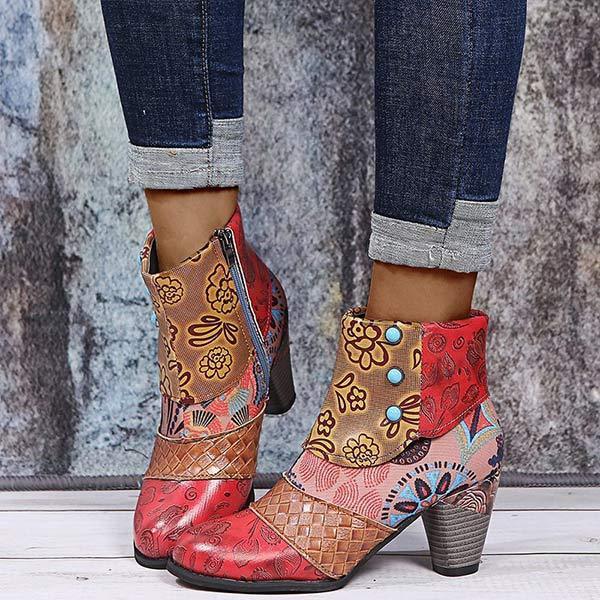 Women'S High Heel Block Heel Print Ankle Boots