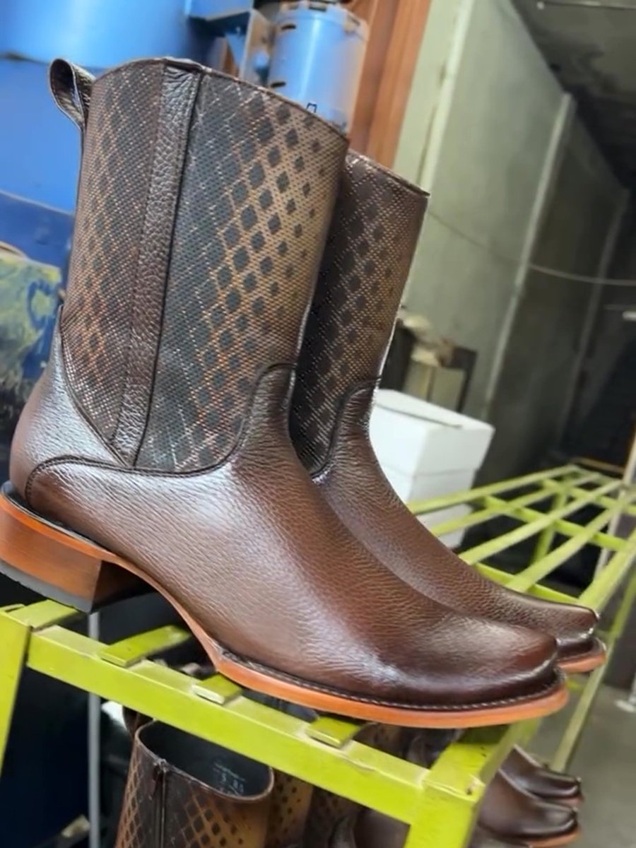 Men's Check Leather Cowboy Boots