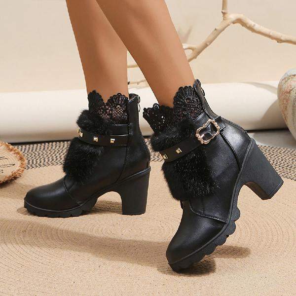 Women's Fashionable Lace Belt Buckle Block Heel Ankle Boots