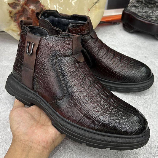 Men's Crocodile-Print Fleece-lined Leather Ankle Boots