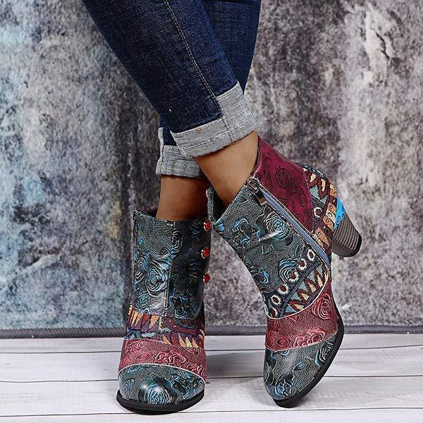 Women'S High Heel Block Heel Print Ankle Boots