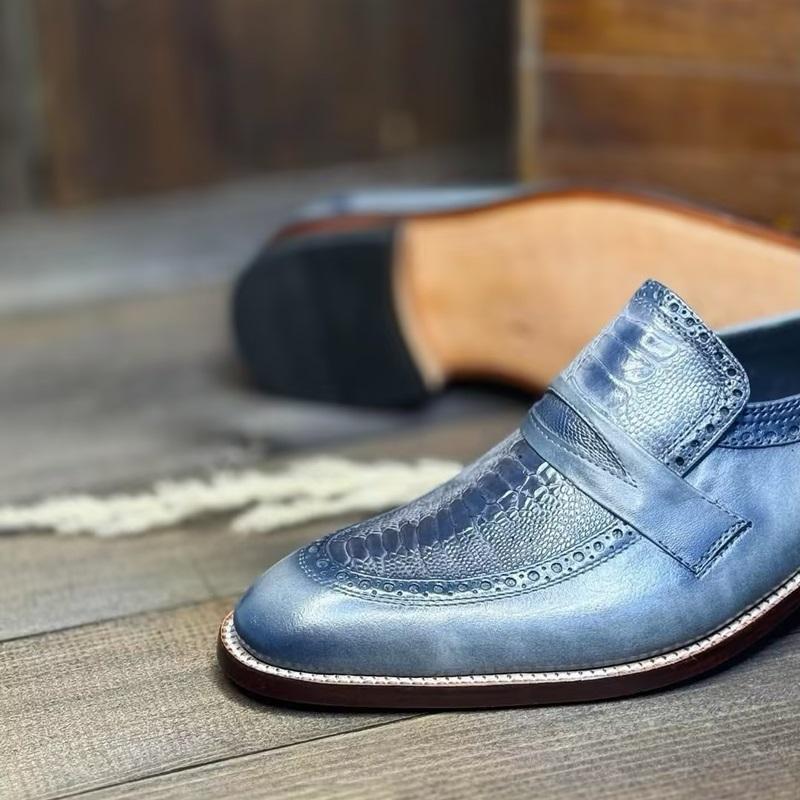 2025 Men's Flame Blue Handmade Leather Shoes