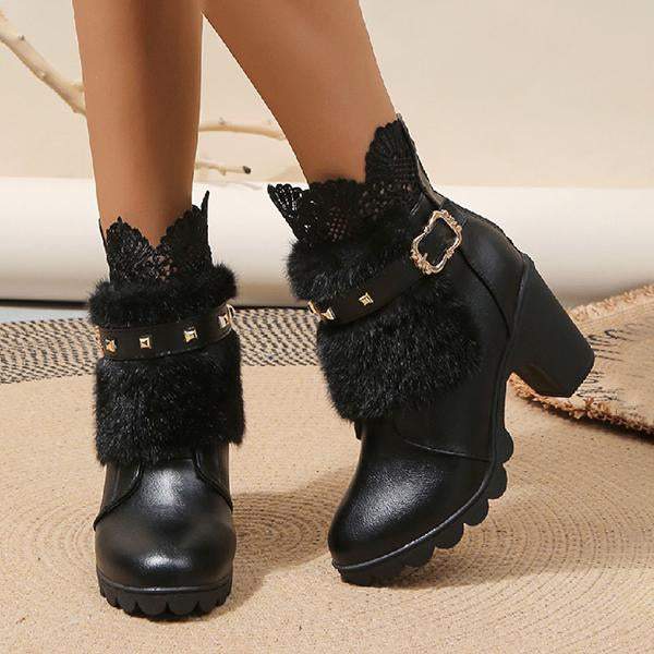 Women's Fashionable Lace Belt Buckle Block Heel Ankle Boots