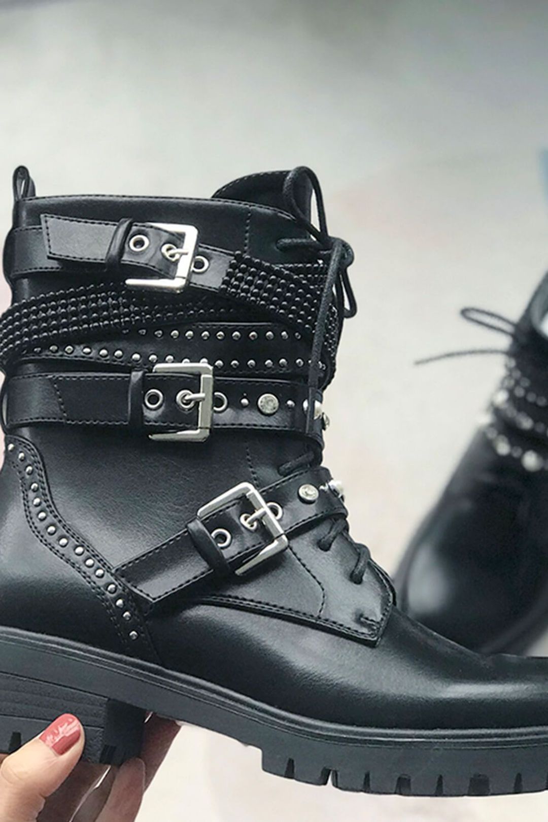 Black Studded Buckle Strap Lace Up Combat Boots