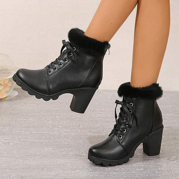 Women's Round-Toe Chunky Heel Lace-Up Faux Fur Ankle Boots