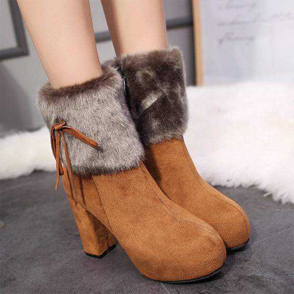 Women's Casual Plush Bow Chunky Heel Short Boots