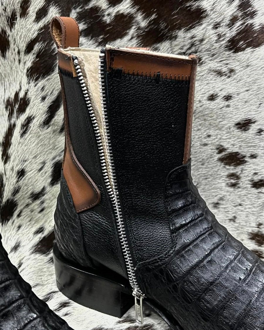 Men's Crocodile-Print Leather Colorblock Boots