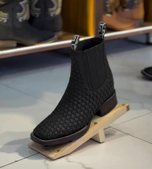 Men's Hand-woven Leather Square-toed Boots