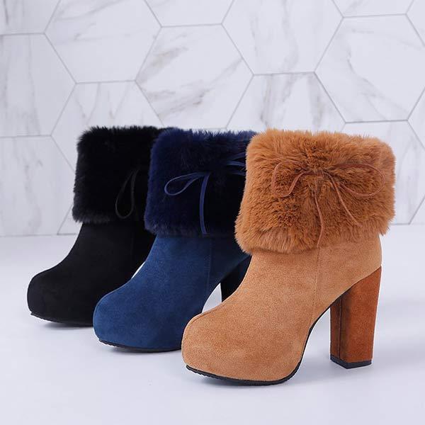 Women's Suede Round-Toe Chunky Heel High Heel Furry Ankle Boots