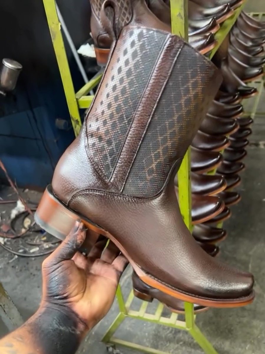 Men's Check Leather Cowboy Boots