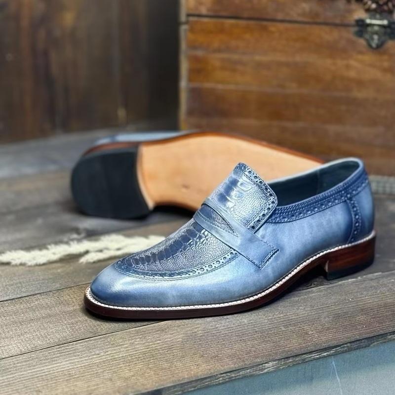 2025 Men's Flame Blue Handmade Leather Shoes