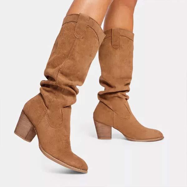 Women's Round Toe Chunky Heel High-Calf Riding Boots In Suede