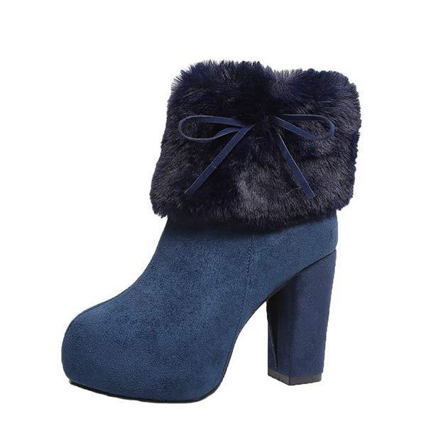 Women's Suede Round-Toe Chunky Heel High Heel Furry Ankle Boots