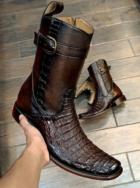 Men's Handmade Buckle Crocodile Boots